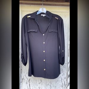 Faux Button Down Shirt Women's Size S Black Roll Tab Sleeves Office or Military